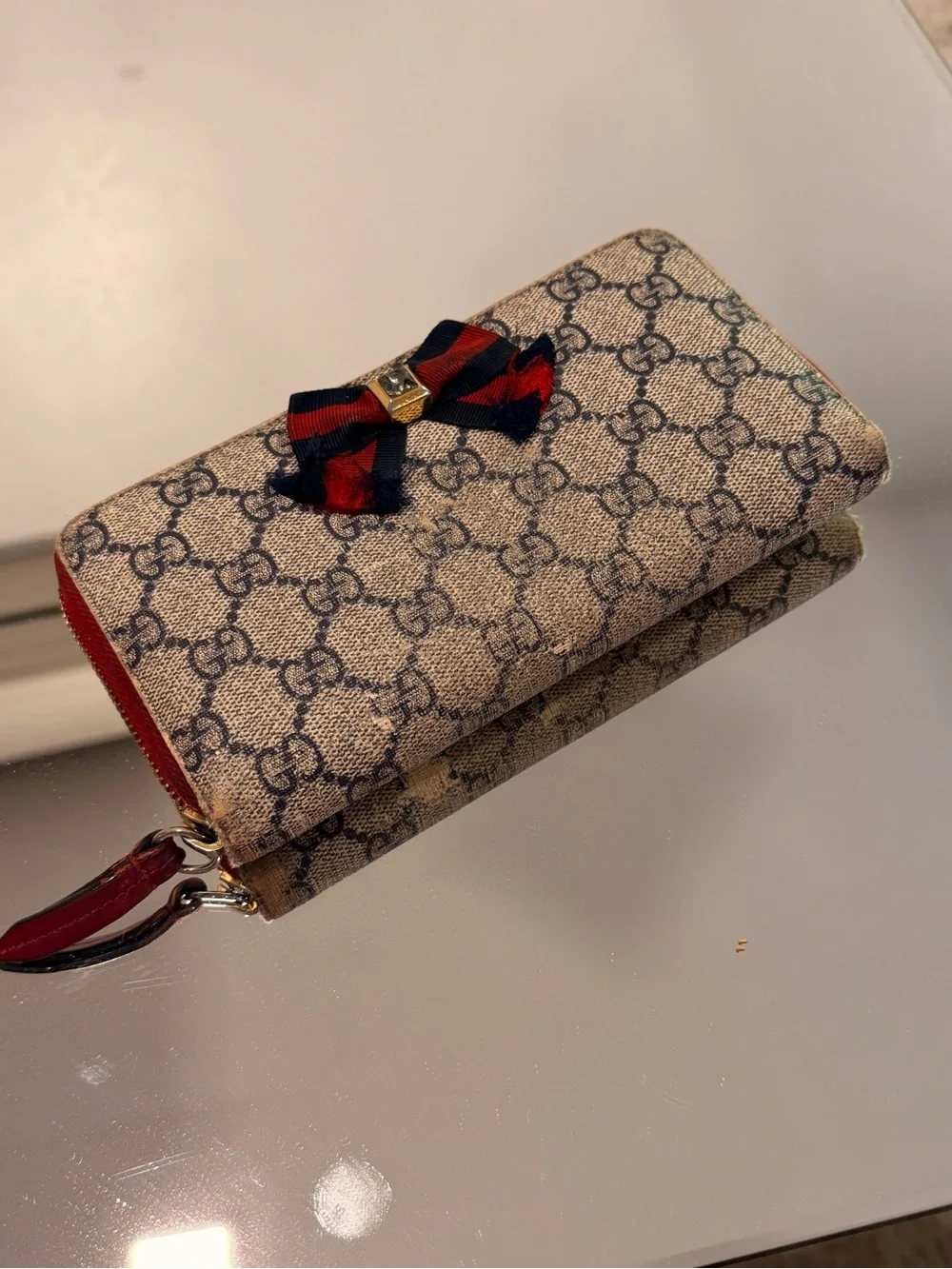 Gucci Beige Canvas Monogram Wallet with Navy and Red Bow